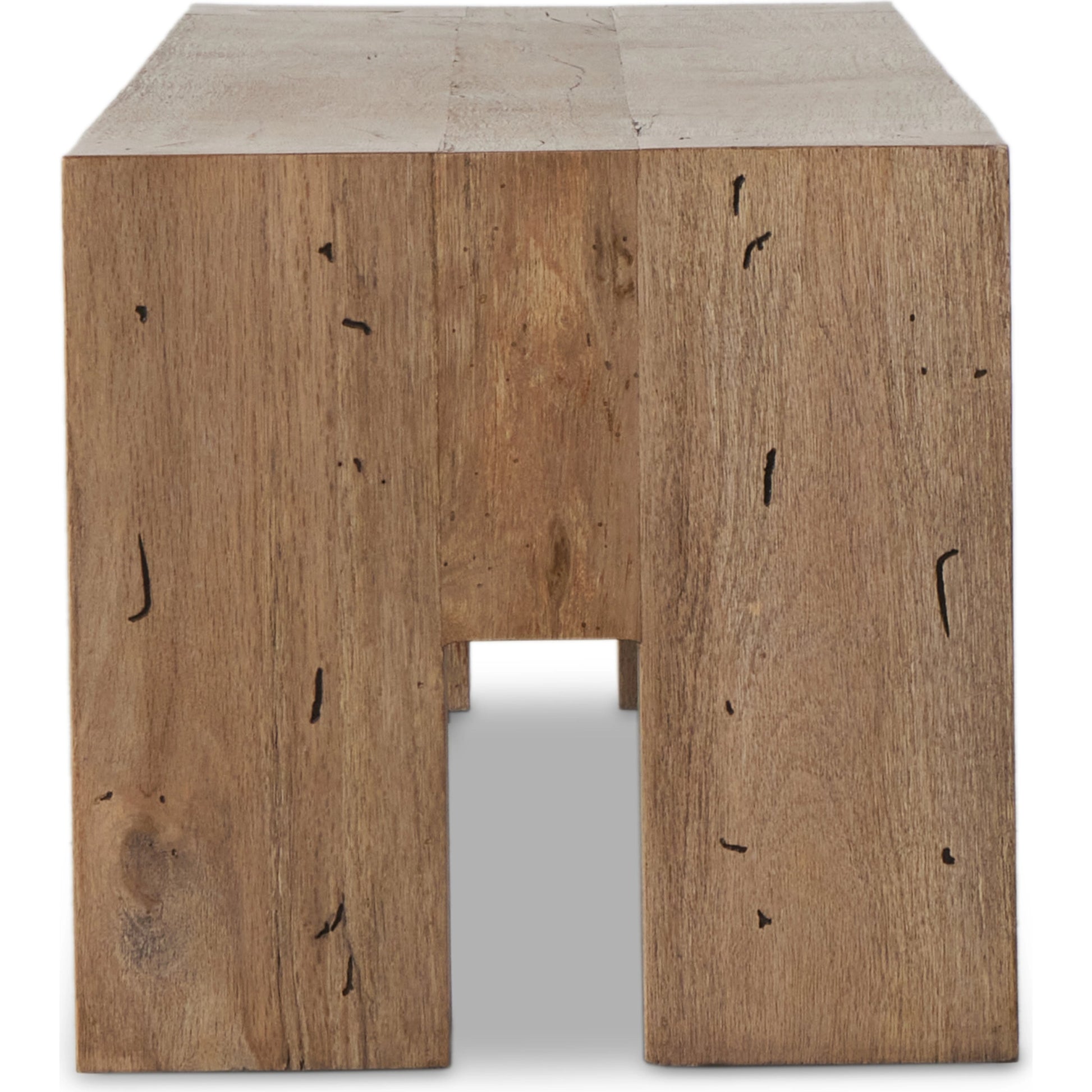 Abaso Large Accent Bench by Four Hands in ebony rustic wormwood oak. Made from thick oak veneer, engineered hardwood in a modern style.