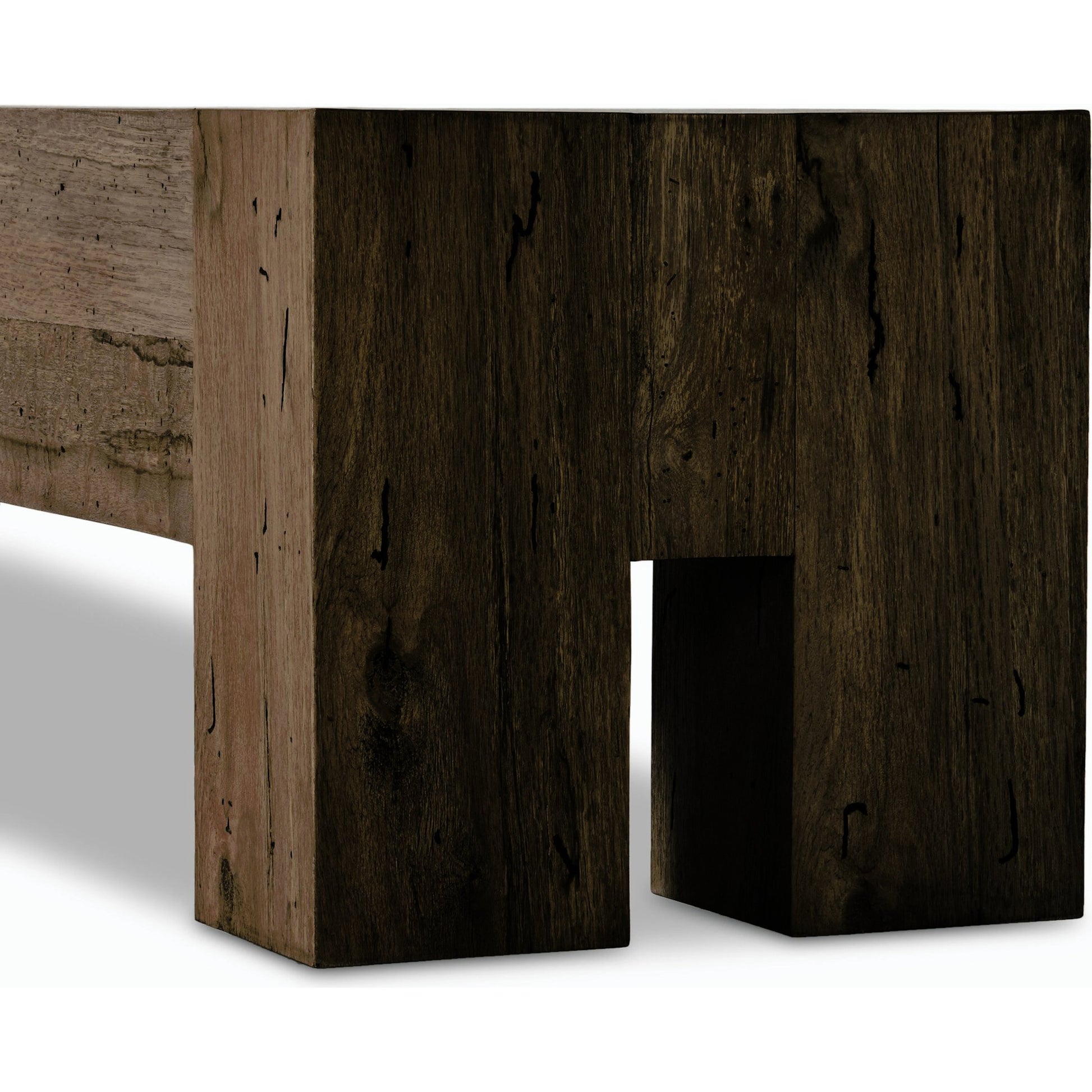 Abaso Large Accent Bench by Four Hands in ebony rustic wormwood oak. Made from thick oak veneer, engineered hardwood in a modern style.