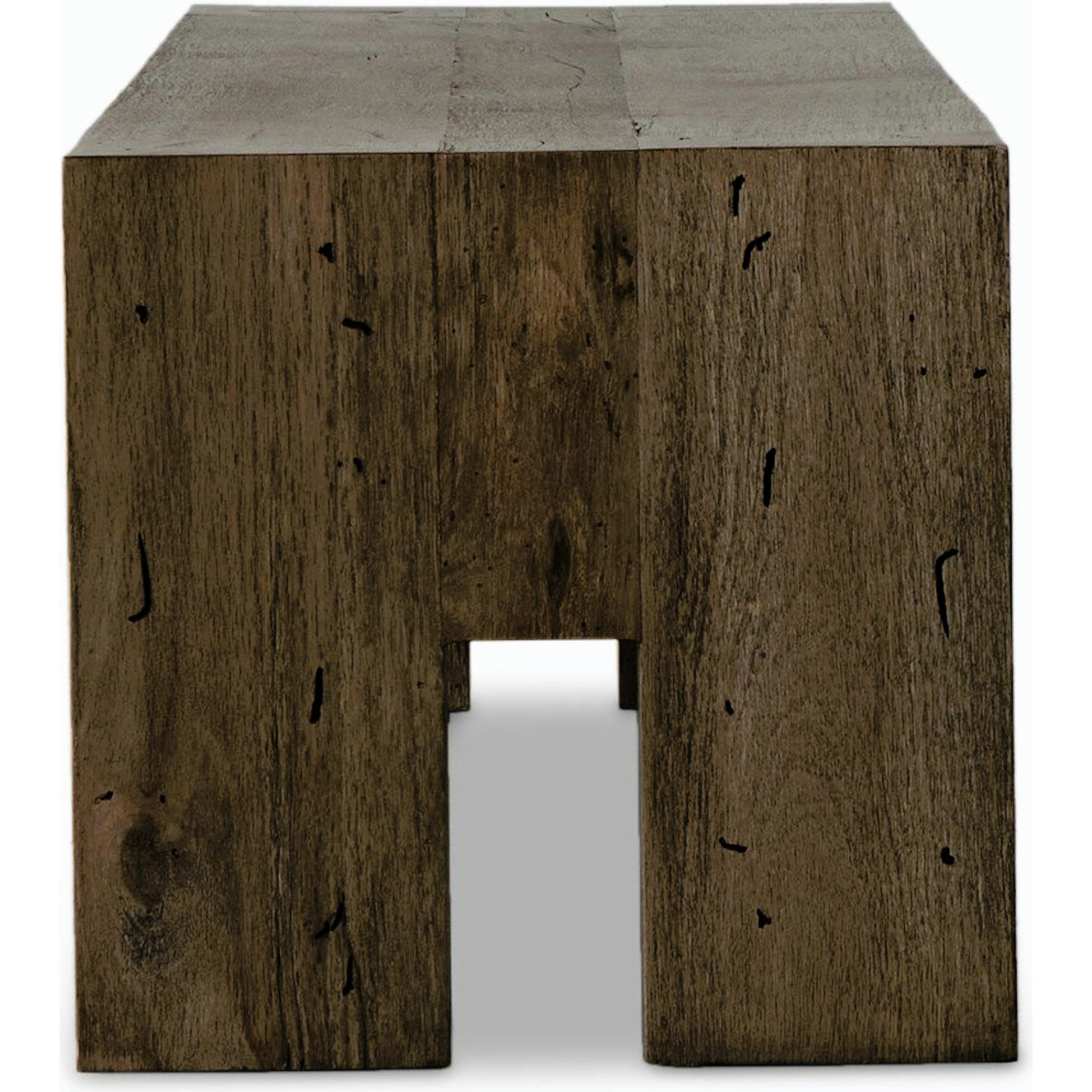 Abaso Large Accent Bench by Four Hands in ebony rustic wormwood oak. Made from thick oak veneer, engineered hardwood in a modern style.