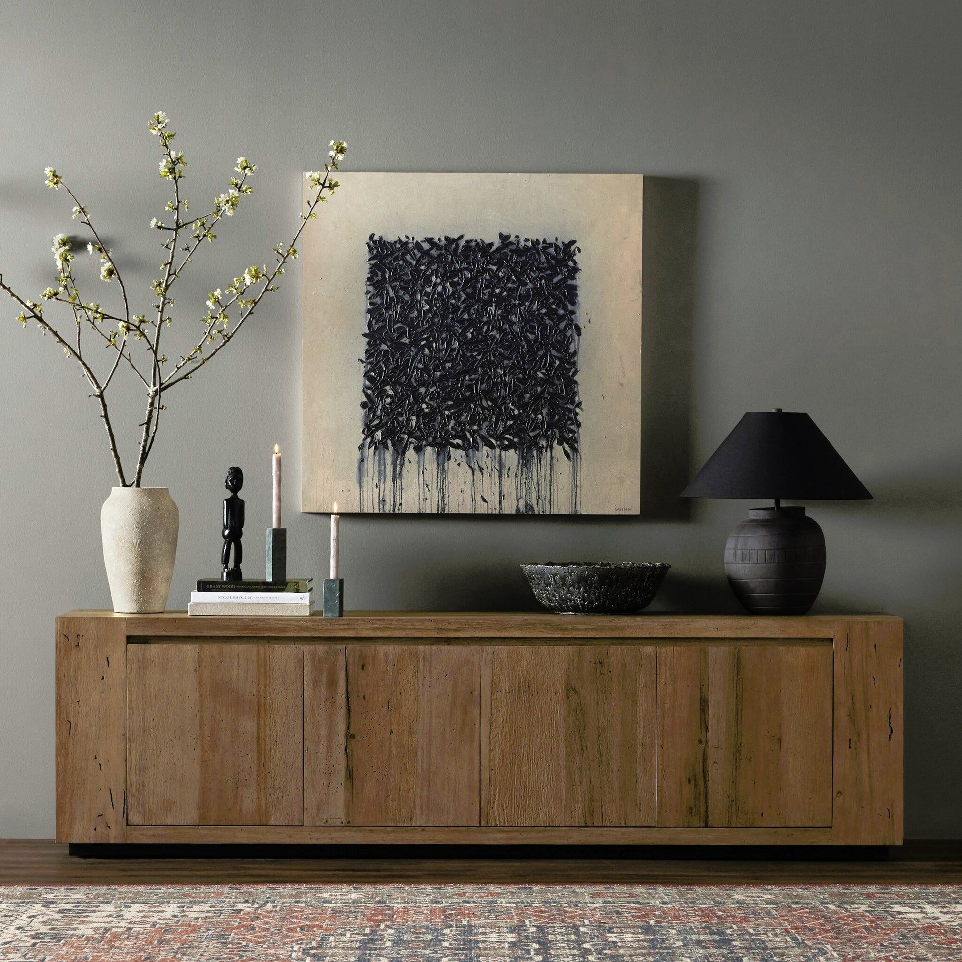 Abaso Media Console by Four Hands. Made from thick oak veneer in a modern style.