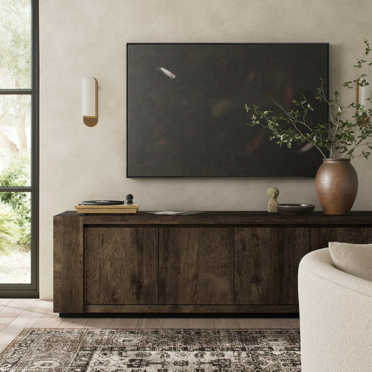 Abaso Media Console by Four Hands. Made from thick oak veneer in a modern style.
