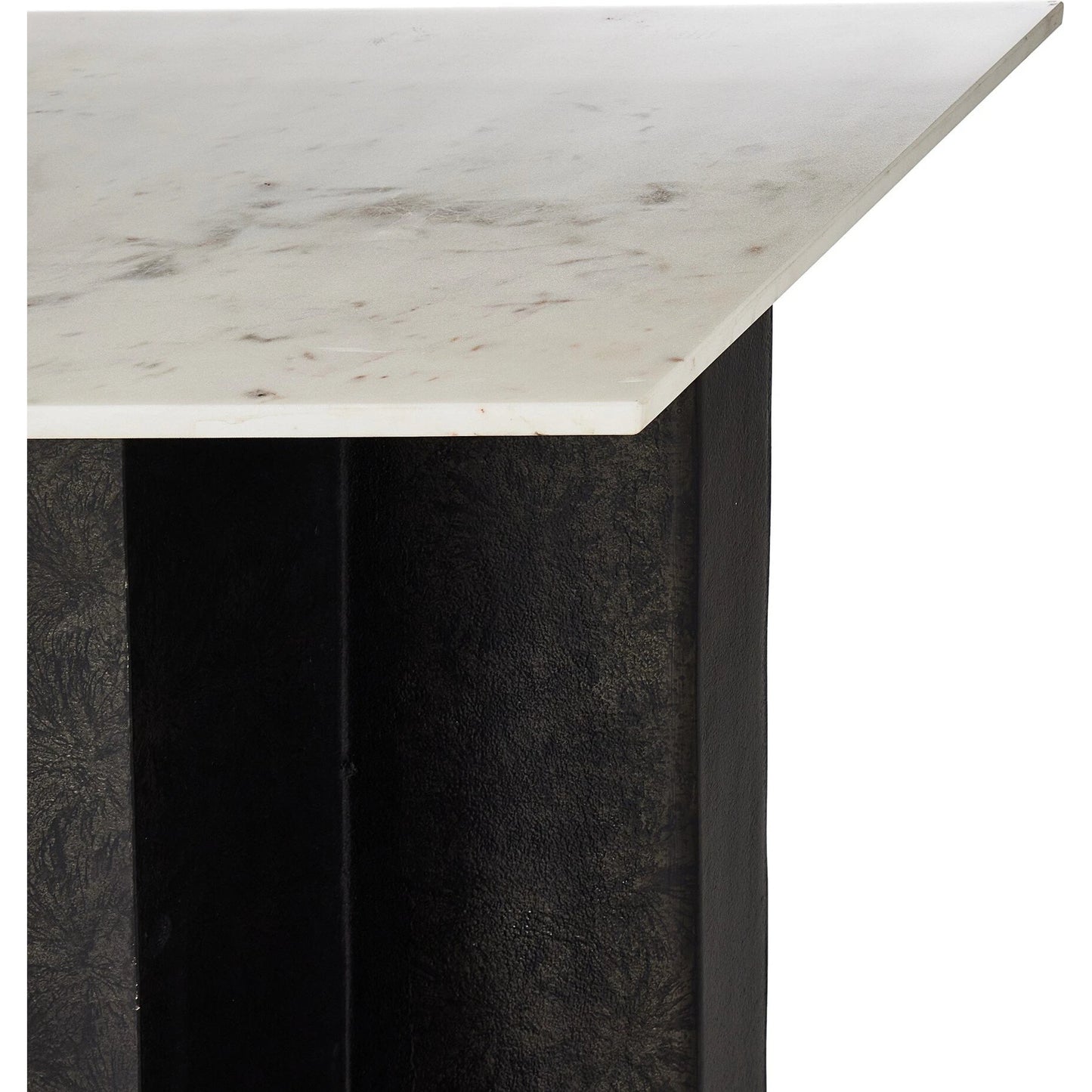 009 SI-2137625 | Closeup | Terrell Large Console Table by Four Hands in polished white marble, raw black. Made from solid marble, aluminum, engineered hardwood in a modern style.