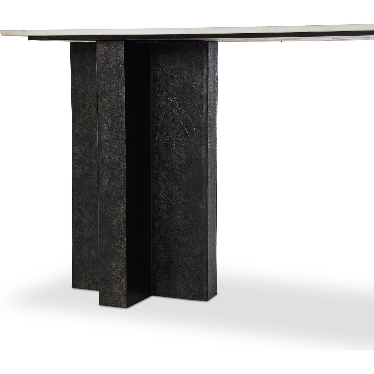 012 SI-2137625 | Closeup | Terrell Large Console Table by Four Hands in polished white marble, raw black. Made from solid marble, aluminum, engineered hardwood in a modern style.