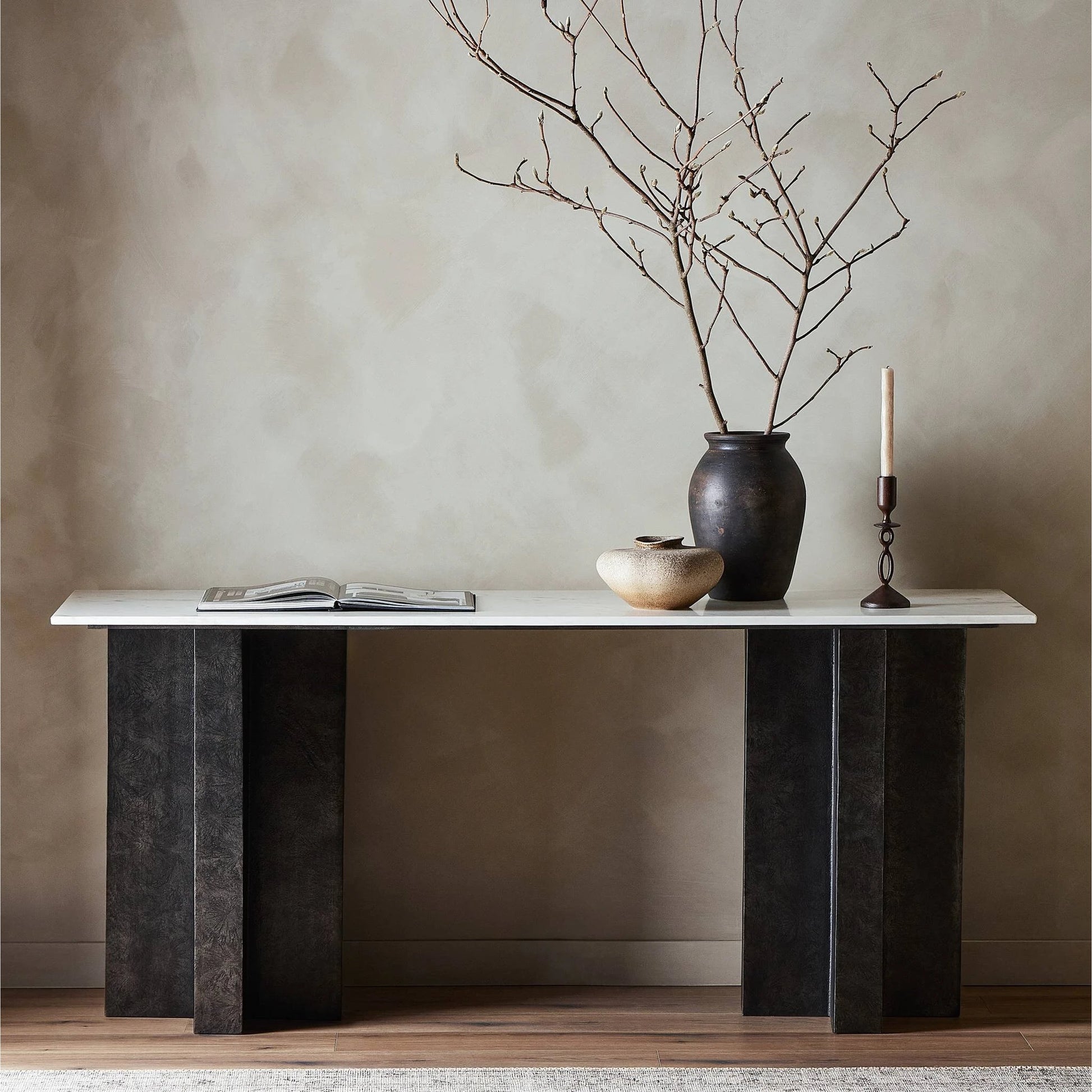 Terrell Large Console Table by Four Hands. Made from solid marble, aluminum, engineered hardwood in a modern style.