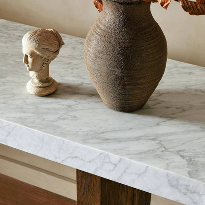 Olympia Console Table by Four Hands in white carrara marble, smoked oak veneer and white carrara marble. Made from carrara solid, thick oak veneer, poplar plywood in a modern style.