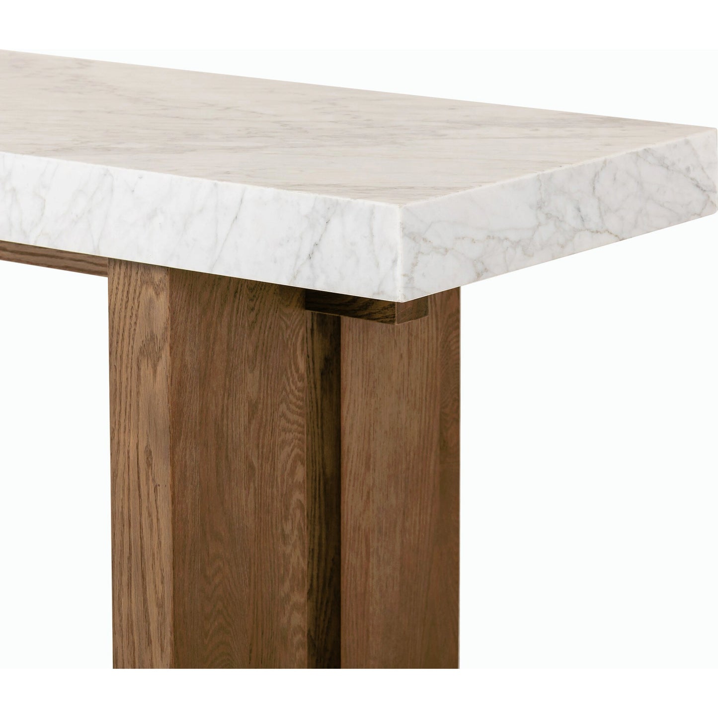 005 SI-2158364 | Closeup | Olympia Console Table by Four Hands in white carrara marble, smoked oak veneer and white carrara marble. Made from carrara solid, thick oak veneer, poplar plywood in a modern style.