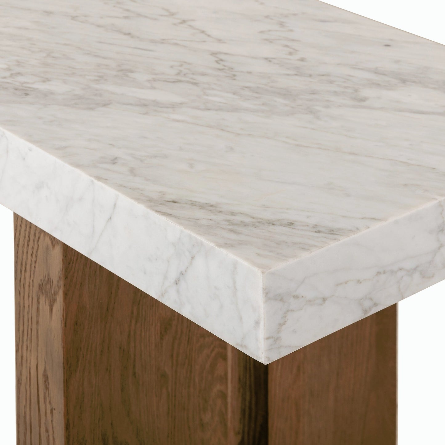 006 SI-2158364 | Closeup | Olympia Console Table by Four Hands in white carrara marble, smoked oak veneer and white carrara marble. Made from carrara solid, thick oak veneer, poplar plywood in a modern style.