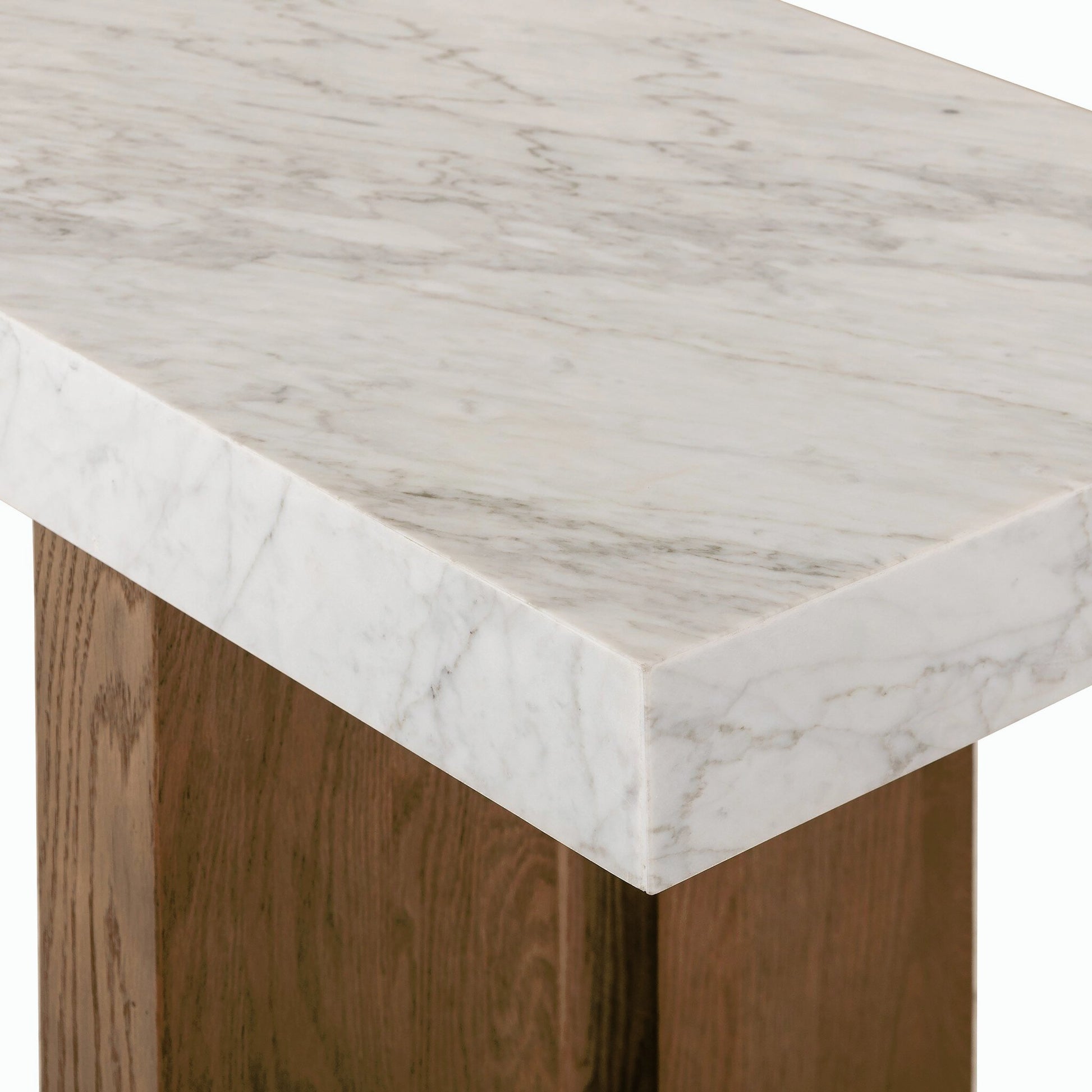 Olympia Console Table by Four Hands in white carrara marble, smoked oak veneer and white carrara marble. Made from carrara solid, thick oak veneer, poplar plywood in a modern style.
