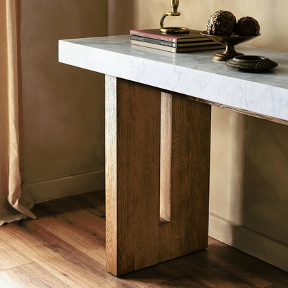 Olympia Console Table by Four Hands in white carrara marble, smoked oak veneer and white carrara marble. Made from carrara solid, thick oak veneer, poplar plywood in a modern style.