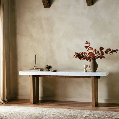 Olympia Console Table by Four Hands in white carrara marble, smoked oak veneer and white carrara marble. Made from carrara solid, thick oak veneer, poplar plywood in a modern style.