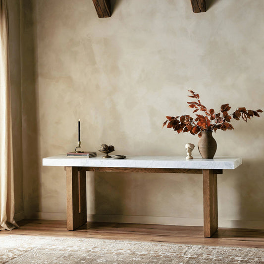 Olympia Console Table by Four Hands in white carrara marble, smoked oak veneer and white carrara marble. Made from carrara solid, thick oak veneer, poplar plywood in a modern style.