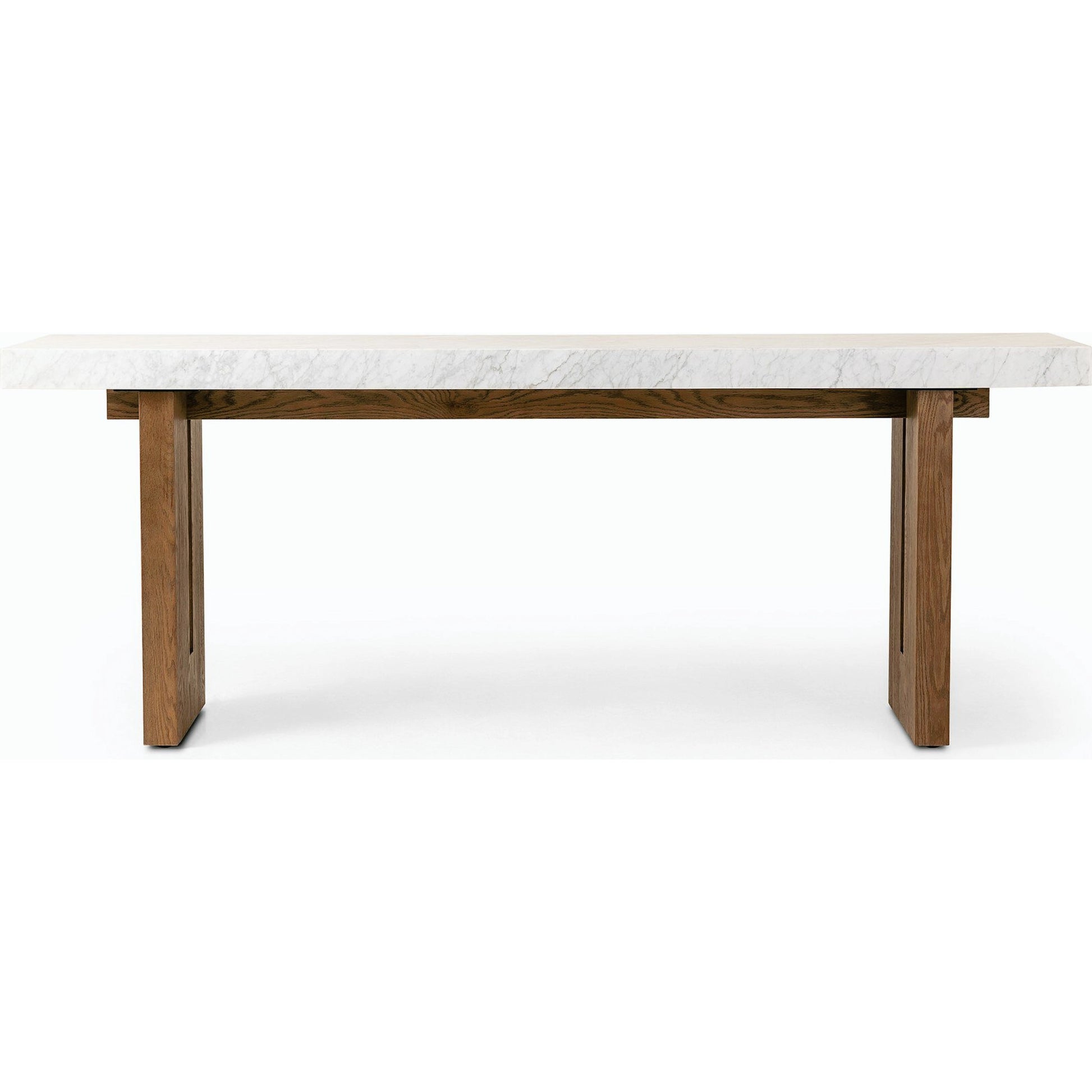 Olympia Console Table by Four Hands in white carrara marble, smoked oak veneer and white carrara marble. Made from carrara solid, thick oak veneer, poplar plywood in a modern style.