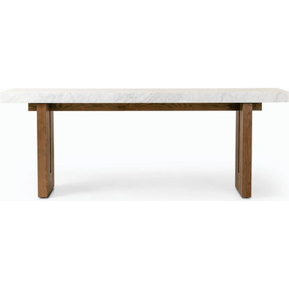 Olympia Console Table by Four Hands in white carrara marble, smoked oak veneer and white carrara marble. Made from carrara solid, thick oak veneer, poplar plywood in a modern style.