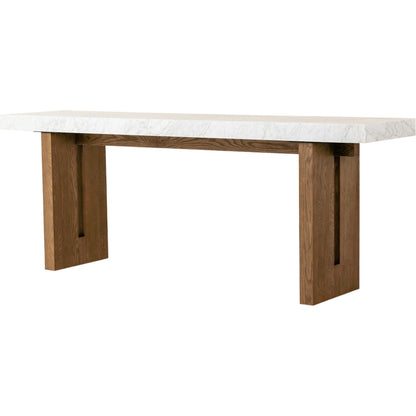 Olympia Console Table by Four Hands in white carrara marble, smoked oak veneer and white carrara marble. Made from carrara solid, thick oak veneer, poplar plywood in a modern style.
