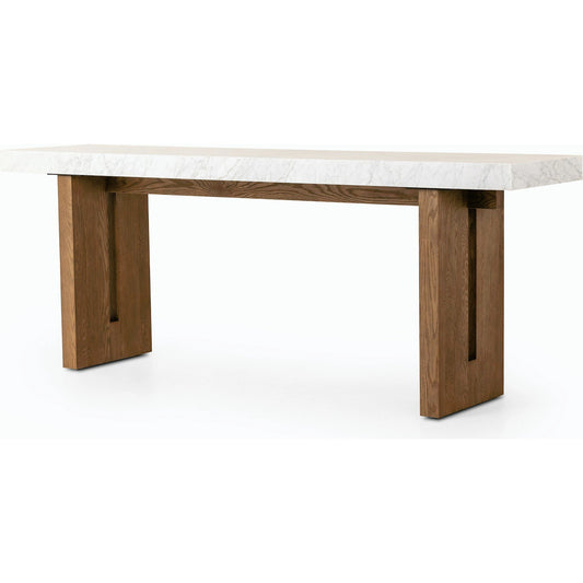 Olympia Console Table by Four Hands in white carrara marble, smoked oak veneer and white carrara marble. Made from carrara solid, thick oak veneer, poplar plywood in a modern style.