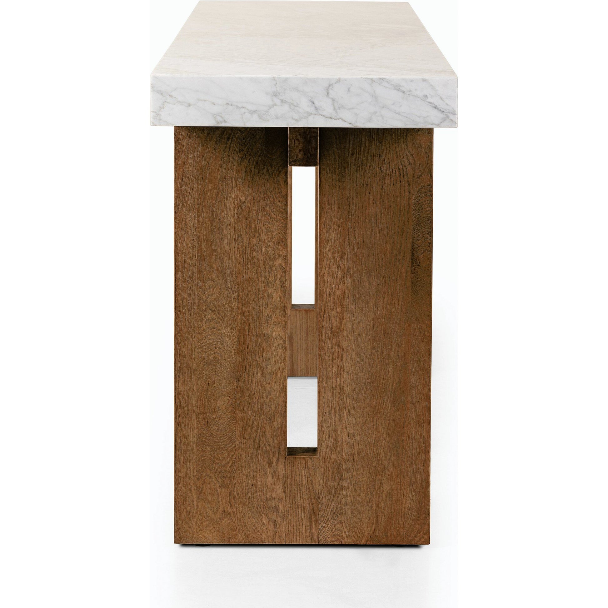 Olympia Console Table by Four Hands in white carrara marble, smoked oak veneer and white carrara marble. Made from carrara solid, thick oak veneer, poplar plywood in a modern style.