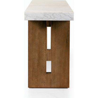 Olympia Console Table by Four Hands in white carrara marble, smoked oak veneer and white carrara marble. Made from carrara solid, thick oak veneer, poplar plywood in a modern style.