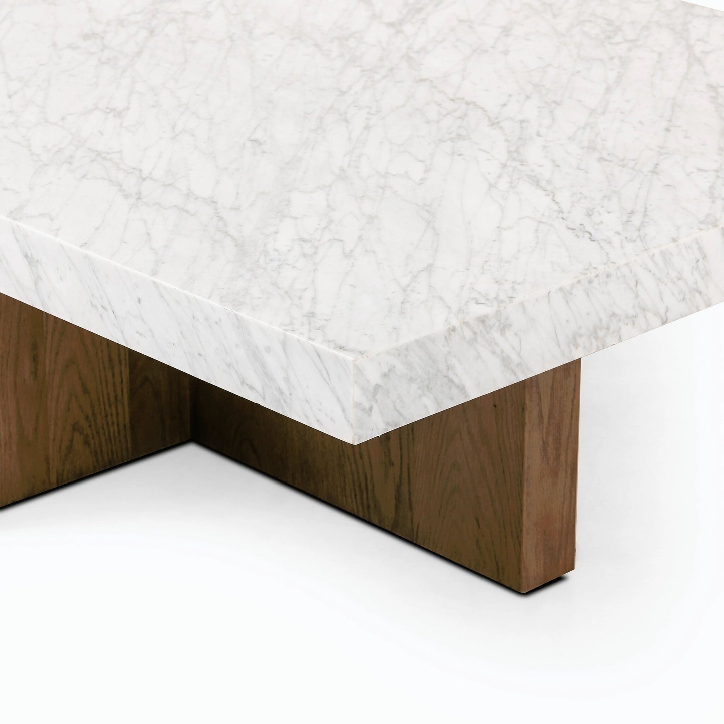 004 SI-2158060 | Closeup | Bellamy Rectangular Coffee Table by Four Hands in white carrara marble, smoked oak veneer and white carrara marble. Made from carrara solid, thick oak veneer, poplar plywood in a modern style.