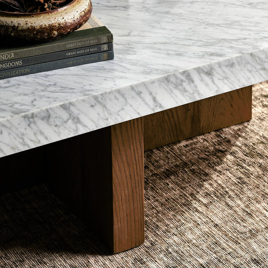 Bellamy Rectangular Coffee Table by Four Hands in white carrara marble, smoked oak veneer and white carrara marble. Made from carrara solid, thick oak veneer, poplar plywood in a modern style.