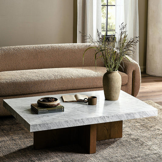Bellamy Rectangular Coffee Table by Four Hands in white carrara marble, smoked oak veneer and white carrara marble. Made from carrara solid, thick oak veneer, poplar plywood in a modern style.