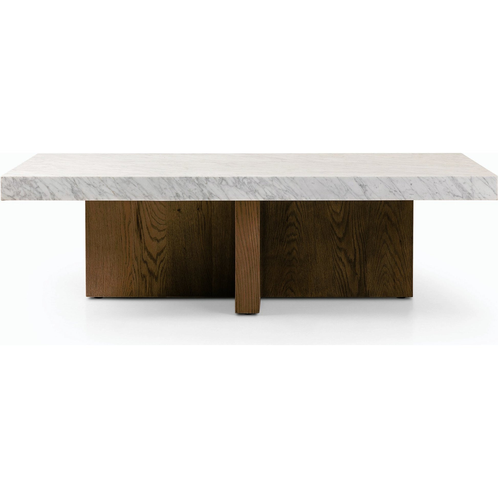 Bellamy Rectangular Coffee Table by Four Hands in white carrara marble, smoked oak veneer and white carrara marble. Made from carrara solid, thick oak veneer, poplar plywood in a modern style.