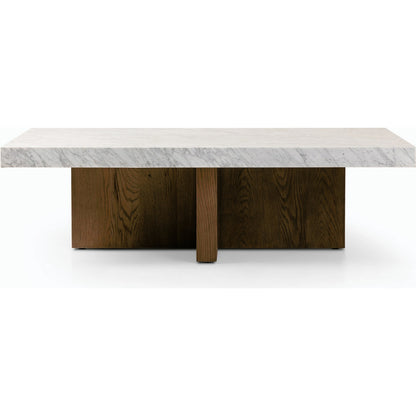 Bellamy Rectangular Coffee Table by Four Hands in white carrara marble, smoked oak veneer and white carrara marble. Made from carrara solid, thick oak veneer, poplar plywood in a modern style.