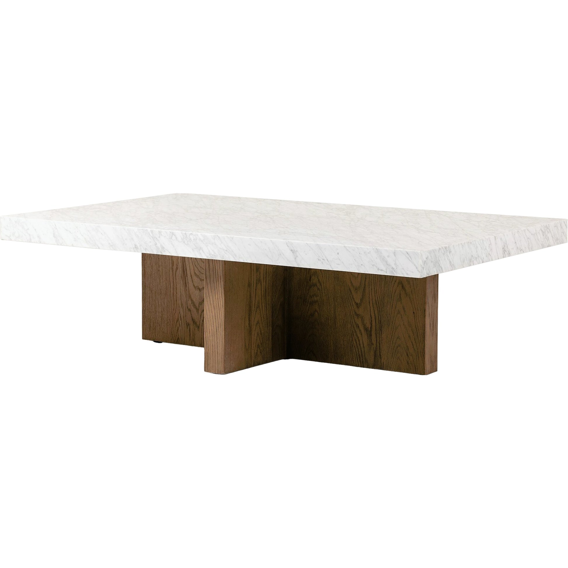 Bellamy Rectangular Coffee Table by Four Hands in white carrara marble, smoked oak veneer and white carrara marble. Made from carrara solid, thick oak veneer, poplar plywood in a modern style.