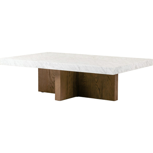 Bellamy Rectangular Coffee Table by Four Hands in white carrara marble, smoked oak veneer and white carrara marble. Made from carrara solid, thick oak veneer, poplar plywood in a modern style.