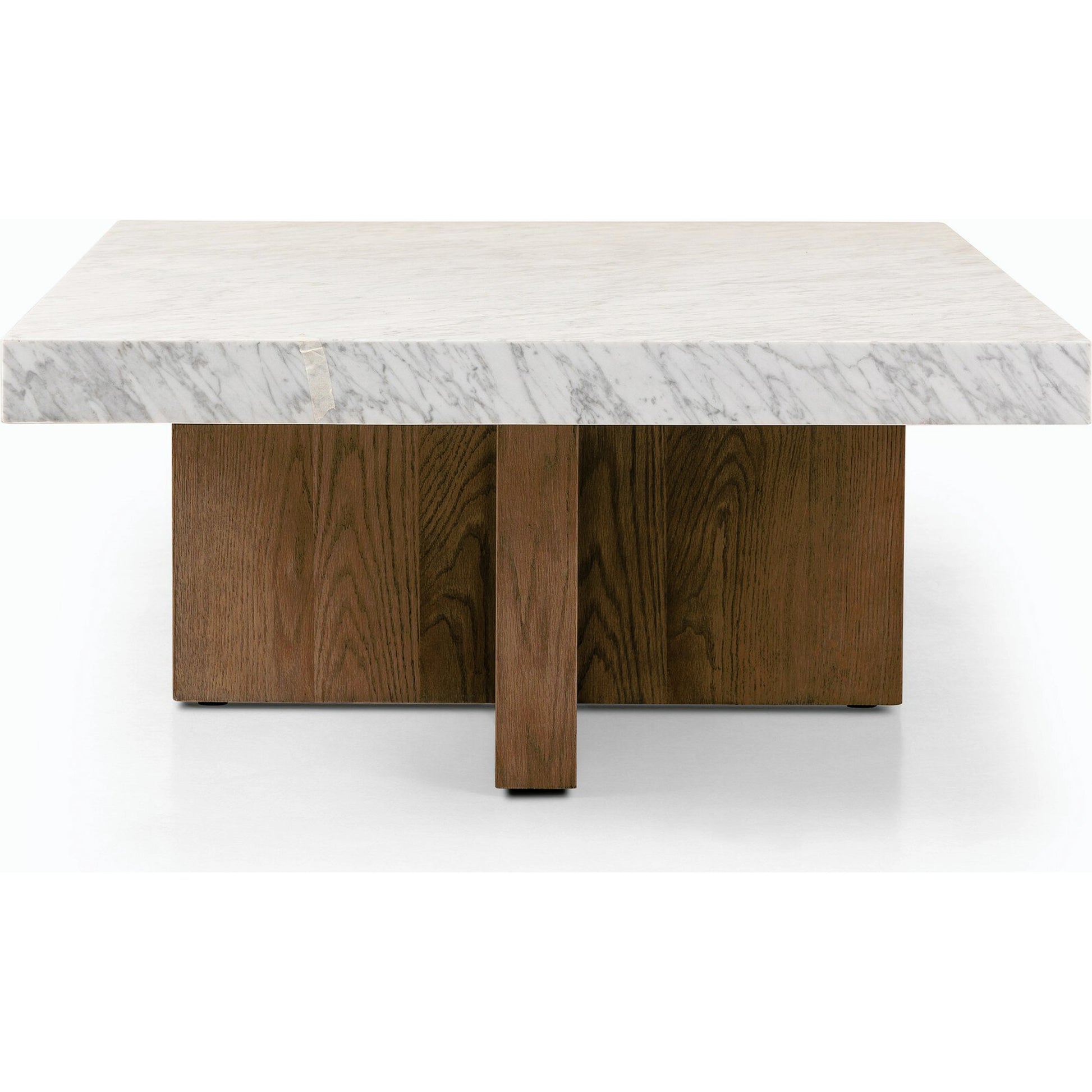 Bellamy Rectangular Coffee Table by Four Hands in white carrara marble, smoked oak veneer and white carrara marble. Made from carrara solid, thick oak veneer, poplar plywood in a modern style.