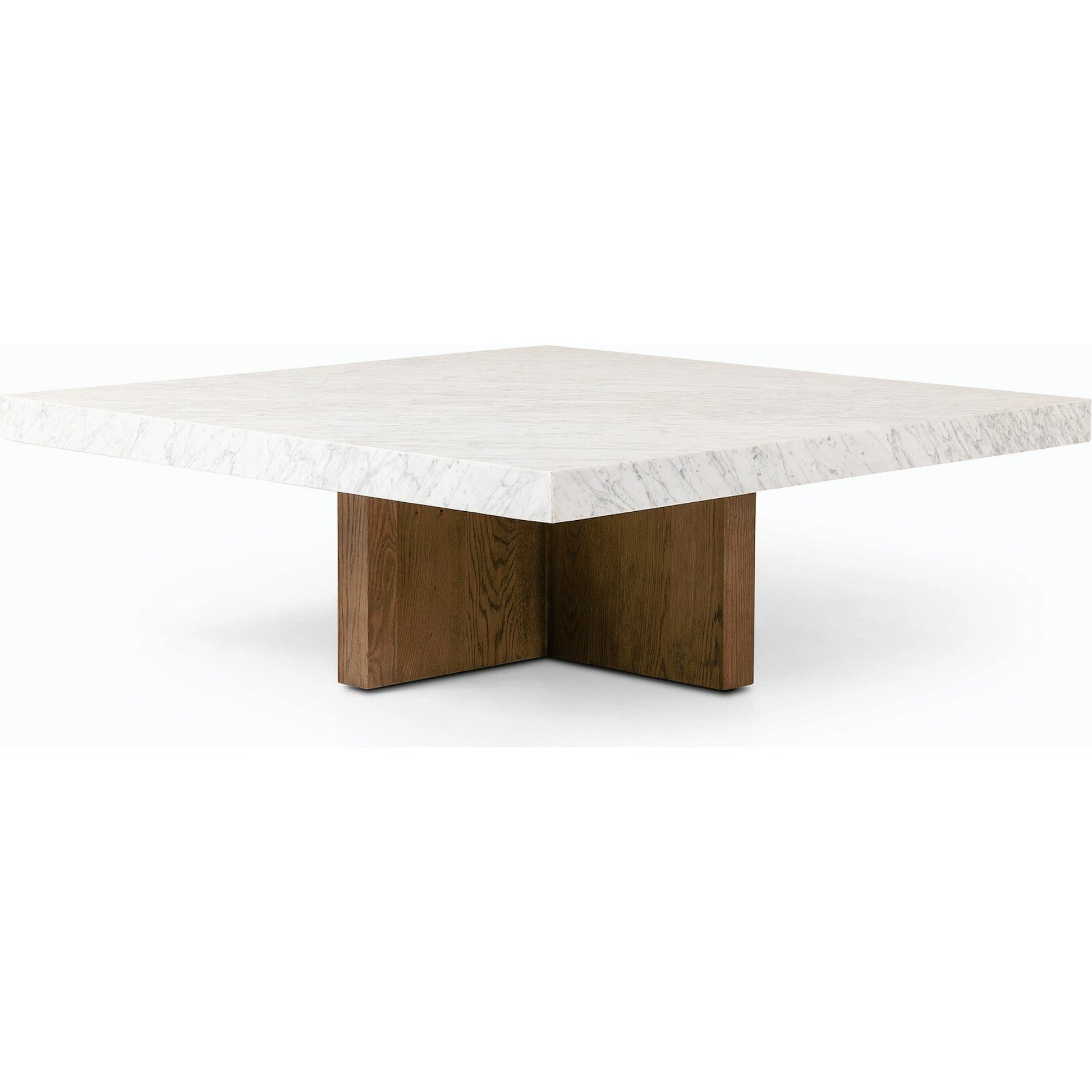 Bellamy Square Coffee Table by Four Hands in white carrara marble, smoked oak veneer and white carrara marble. Made from carrara solid, thick oak veneer, poplar plywood in a modern style.