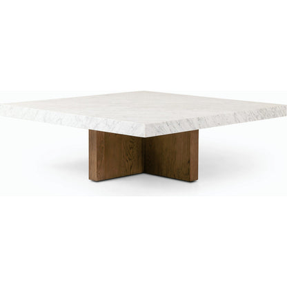 Bellamy Square Coffee Table by Four Hands in white carrara marble, smoked oak veneer and white carrara marble. Made from carrara solid, thick oak veneer, poplar plywood in a modern style.