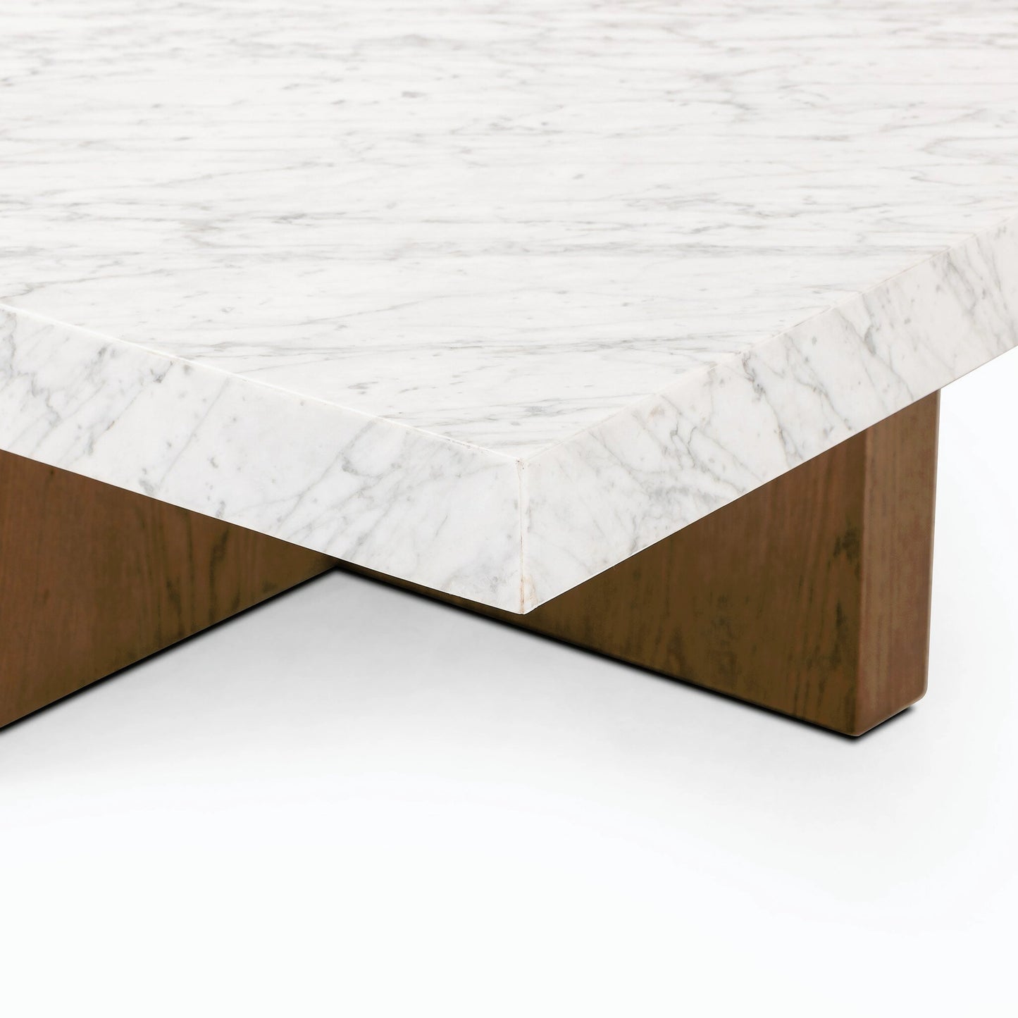 005 SI-2158061 | Closeup | Bellamy Square Coffee Table by Four Hands in white carrara marble, smoked oak veneer and white carrara marble. Made from carrara solid, thick oak veneer, poplar plywood in a modern style.