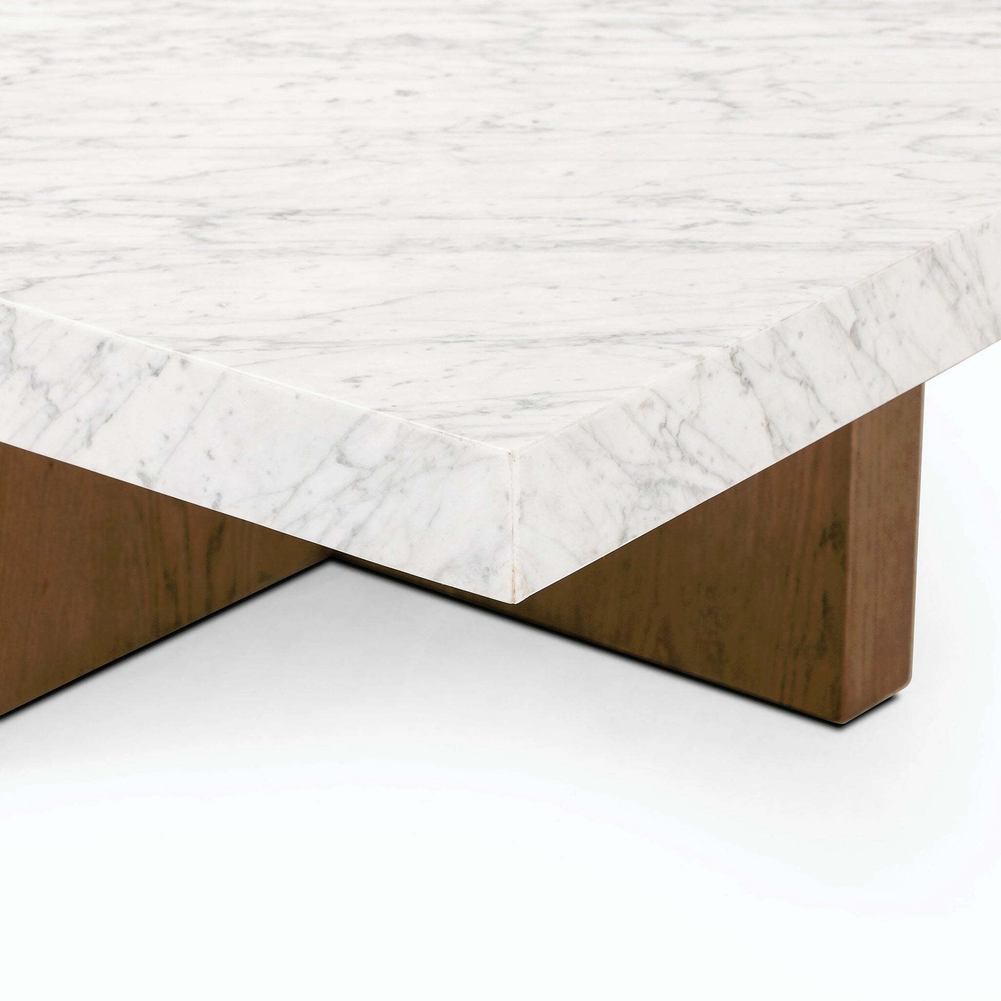 Bellamy Square Coffee Table by Four Hands in white carrara marble, smoked oak veneer and white carrara marble. Made from carrara solid, thick oak veneer, poplar plywood in a modern style.