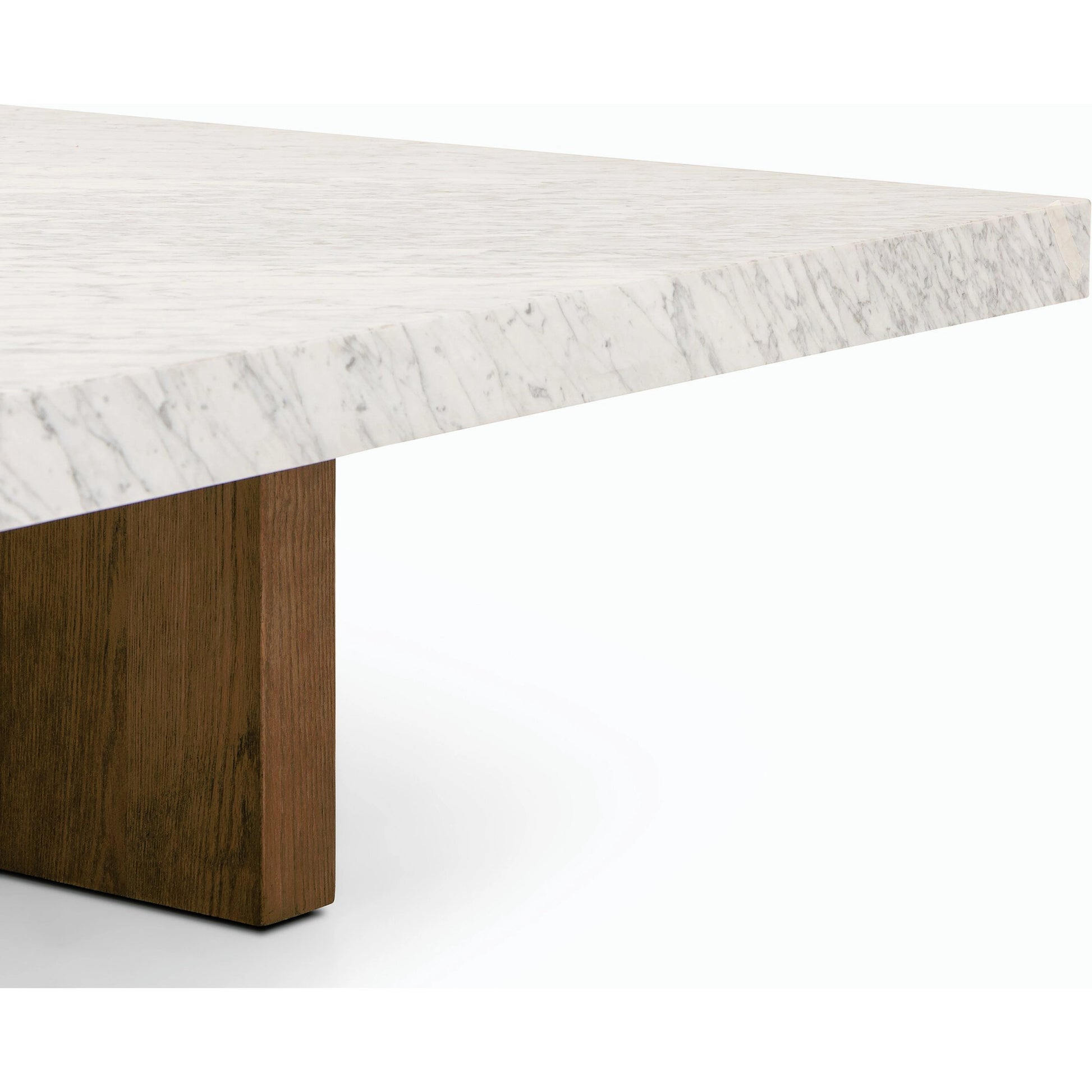Bellamy Square Coffee Table by Four Hands in white carrara marble, smoked oak veneer and white carrara marble. Made from carrara solid, thick oak veneer, poplar plywood in a modern style.
