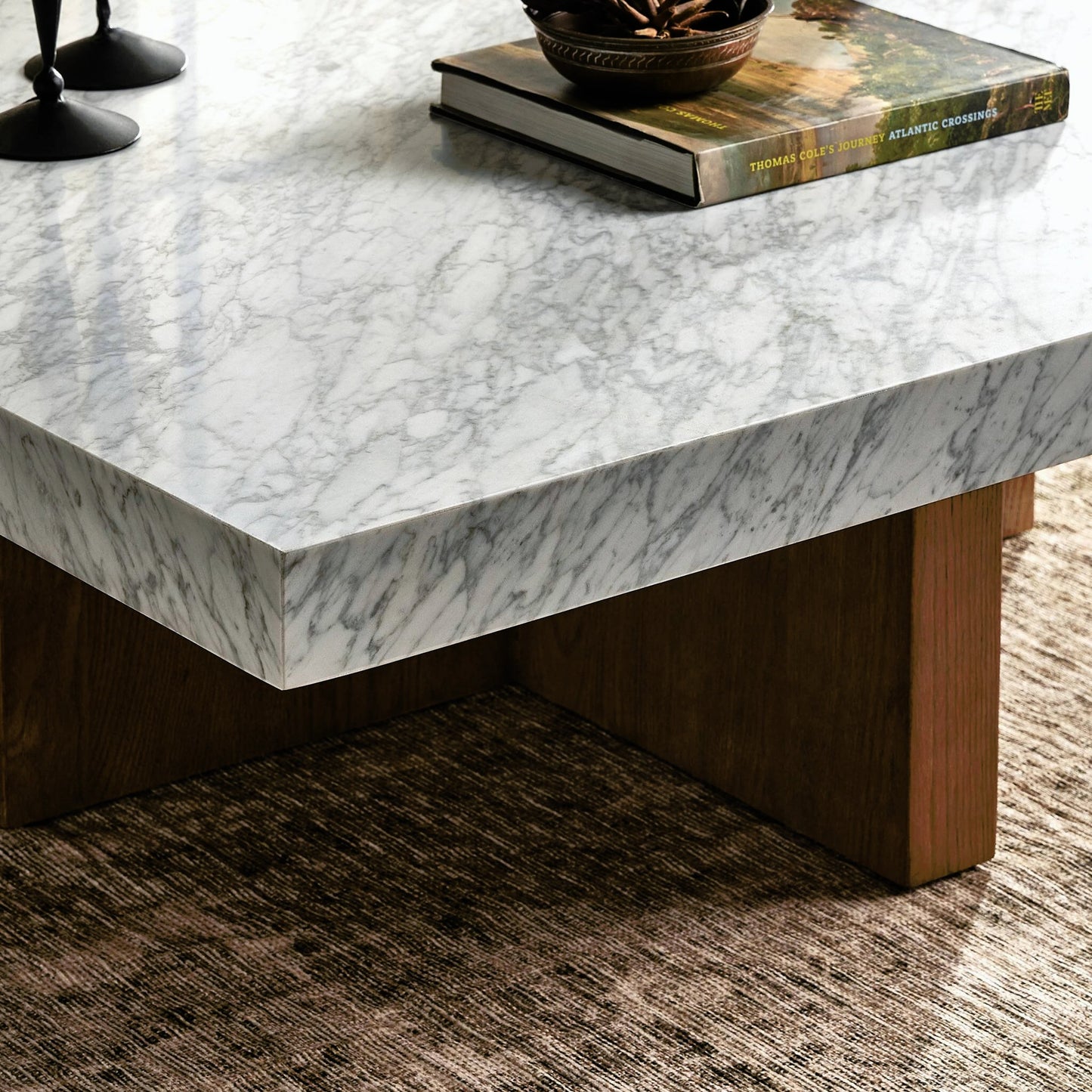010 SI-2158061 | Lifestyle | Bellamy Square Coffee Table by Four Hands in white carrara marble, smoked oak veneer and white carrara marble. Made from carrara solid, thick oak veneer, poplar plywood in a modern style.