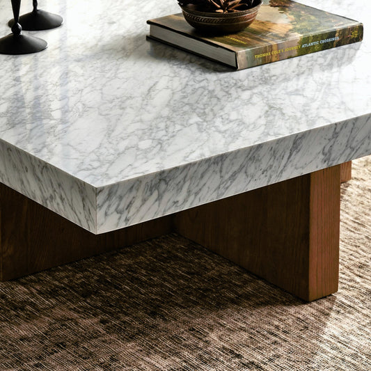 Bellamy Square Coffee Table by Four Hands in white carrara marble, smoked oak veneer and white carrara marble. Made from carrara solid, thick oak veneer, poplar plywood in a modern style.