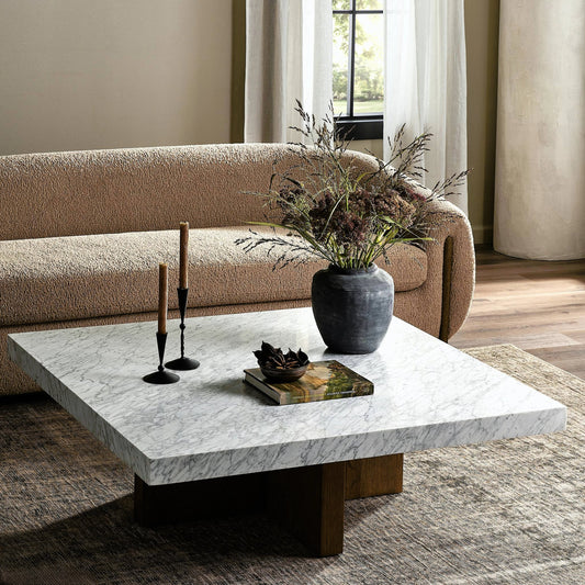 Bellamy Square Coffee Table by Four Hands in white carrara marble, smoked oak veneer and white carrara marble. Made from carrara solid, thick oak veneer, poplar plywood in a modern style.