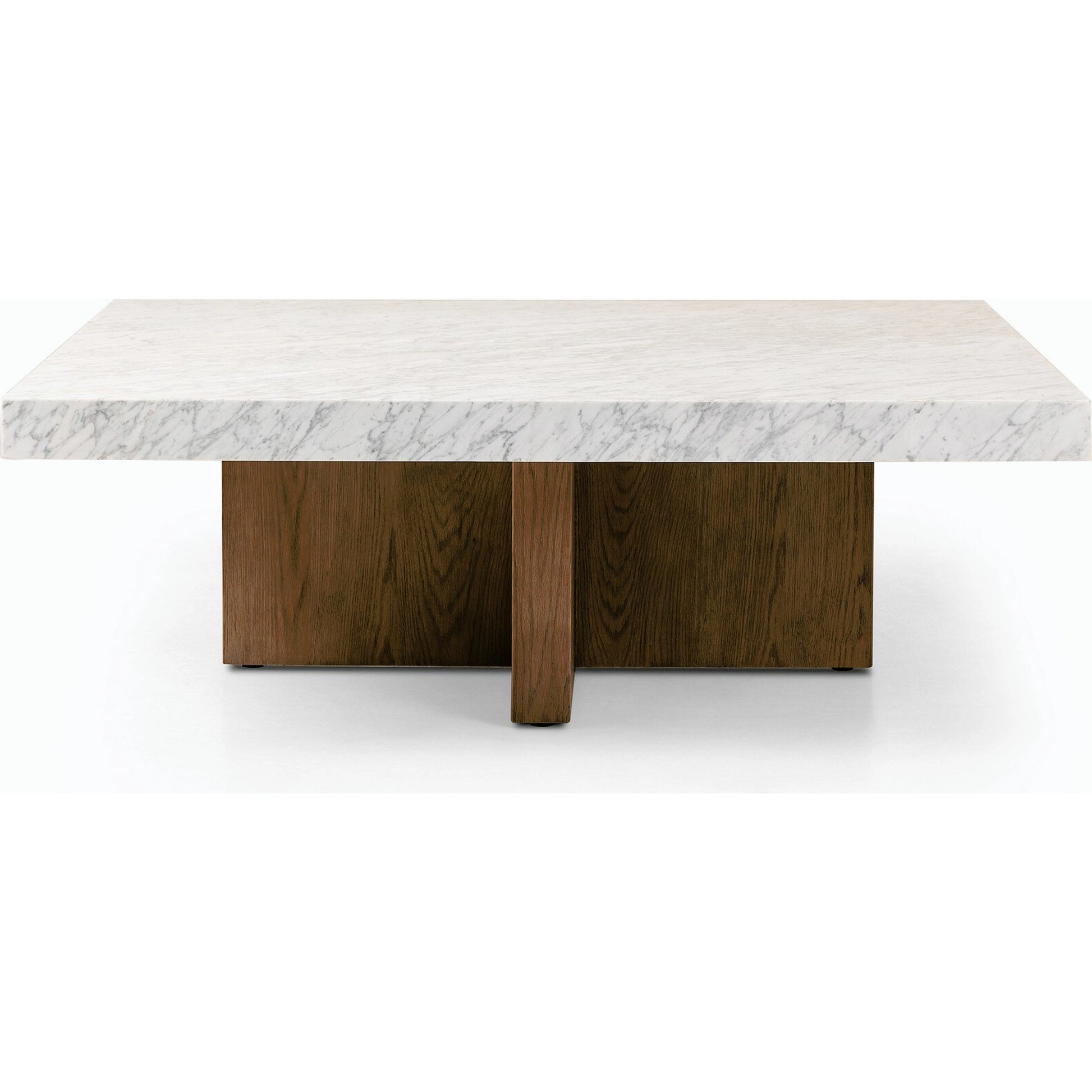 Bellamy Square Coffee Table by Four Hands in white carrara marble, smoked oak veneer and white carrara marble. Made from carrara solid, thick oak veneer, poplar plywood in a modern style.