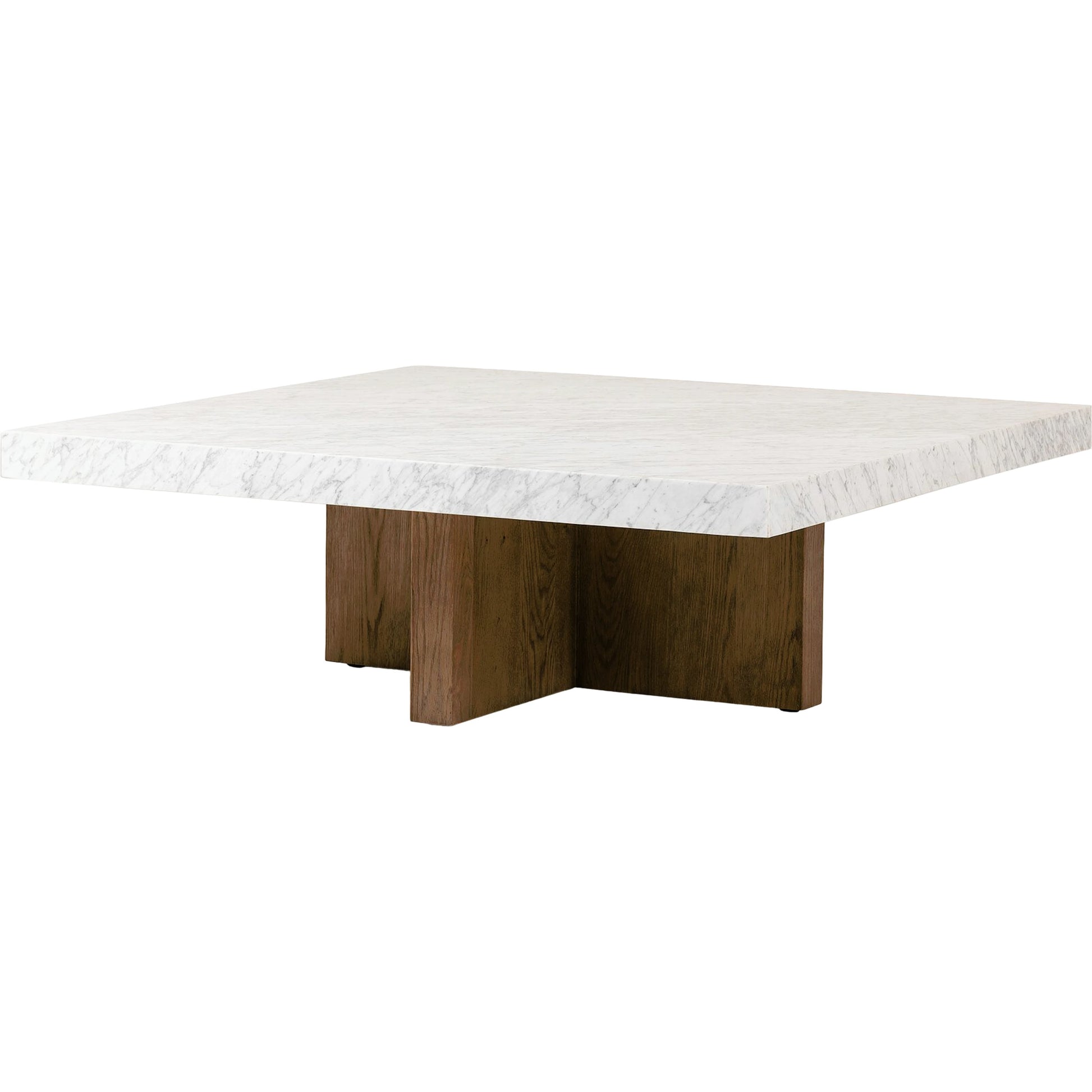 Bellamy Square Coffee Table by Four Hands in white carrara marble, smoked oak veneer and white carrara marble. Made from carrara solid, thick oak veneer, poplar plywood in a modern style.