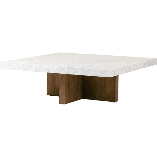 Bellamy Square Coffee Table by Four Hands in white carrara marble, smoked oak veneer and white carrara marble. Made from carrara solid, thick oak veneer, poplar plywood in a modern style.