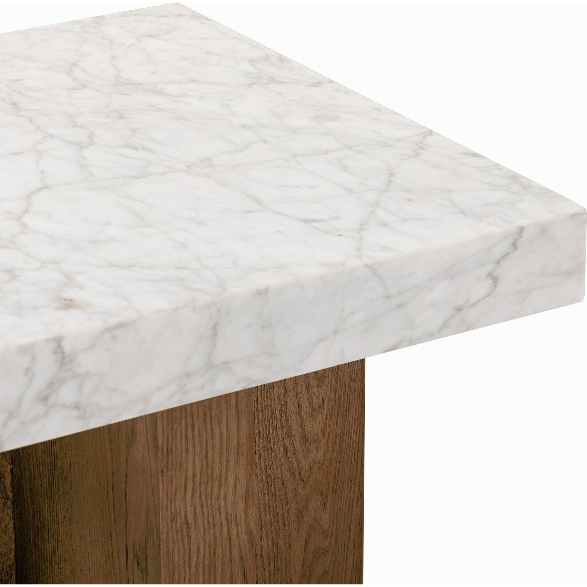 Bellamy End Table by Four Hands in white carrara marble, smoked oak veneer and white carrara marble. Made from carrara solid, thick oak veneer, poplar plywood in a modern style.