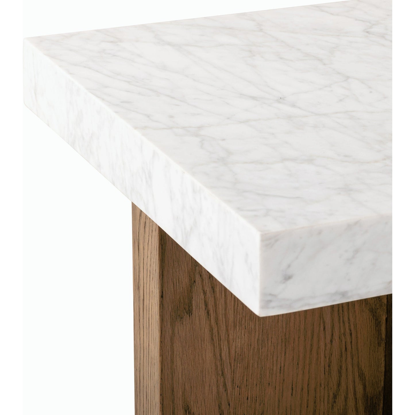 006 SI-2158059 | Closeup | Bellamy End Table by Four Hands in white carrara marble, smoked oak veneer and white carrara marble. Made from carrara solid, thick oak veneer, poplar plywood in a modern style.