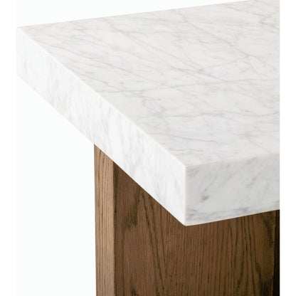 Bellamy End Table by Four Hands in white carrara marble, smoked oak veneer and white carrara marble. Made from carrara solid, thick oak veneer, poplar plywood in a modern style.