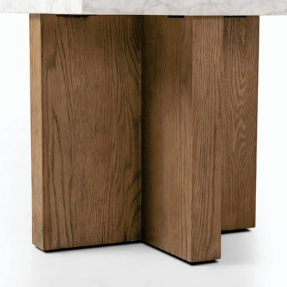 Bellamy End Table by Four Hands in white carrara marble, smoked oak veneer and white carrara marble. Made from carrara solid, thick oak veneer, poplar plywood in a modern style.