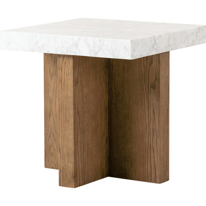 Bellamy End Table by Four Hands in white carrara marble, smoked oak veneer and white carrara marble. Made from carrara solid, thick oak veneer, poplar plywood in a modern style.