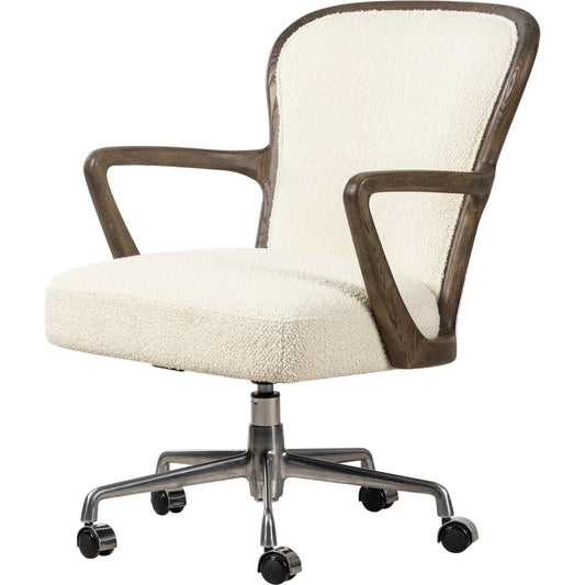 Lilo Desk Chair by Four Hands in durham cream, polished aluminum, aspen grey ash. Made from 61% polyester, 39% wool, aluminum, solid ash in a unique style.