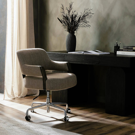 Henrik Desk Chair by Four Hands in alcala fawn, polished aluminum, warm nettlewood. Made from 70% polyester, 20% viscose (rayon), 10% flax/linen, aluminum, solid nettlewood in a modern style.