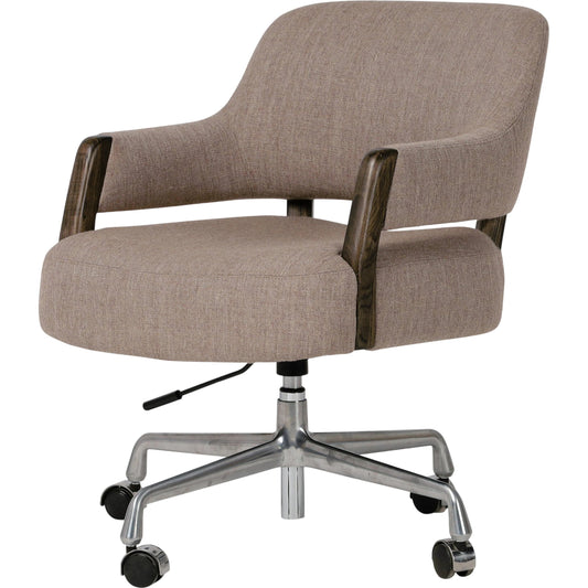 Henrik Desk Chair by Four Hands in alcala fawn, polished aluminum, warm nettlewood. Made from 70% polyester, 20% viscose (rayon), 10% flax/linen, aluminum, solid nettlewood in a modern style.
