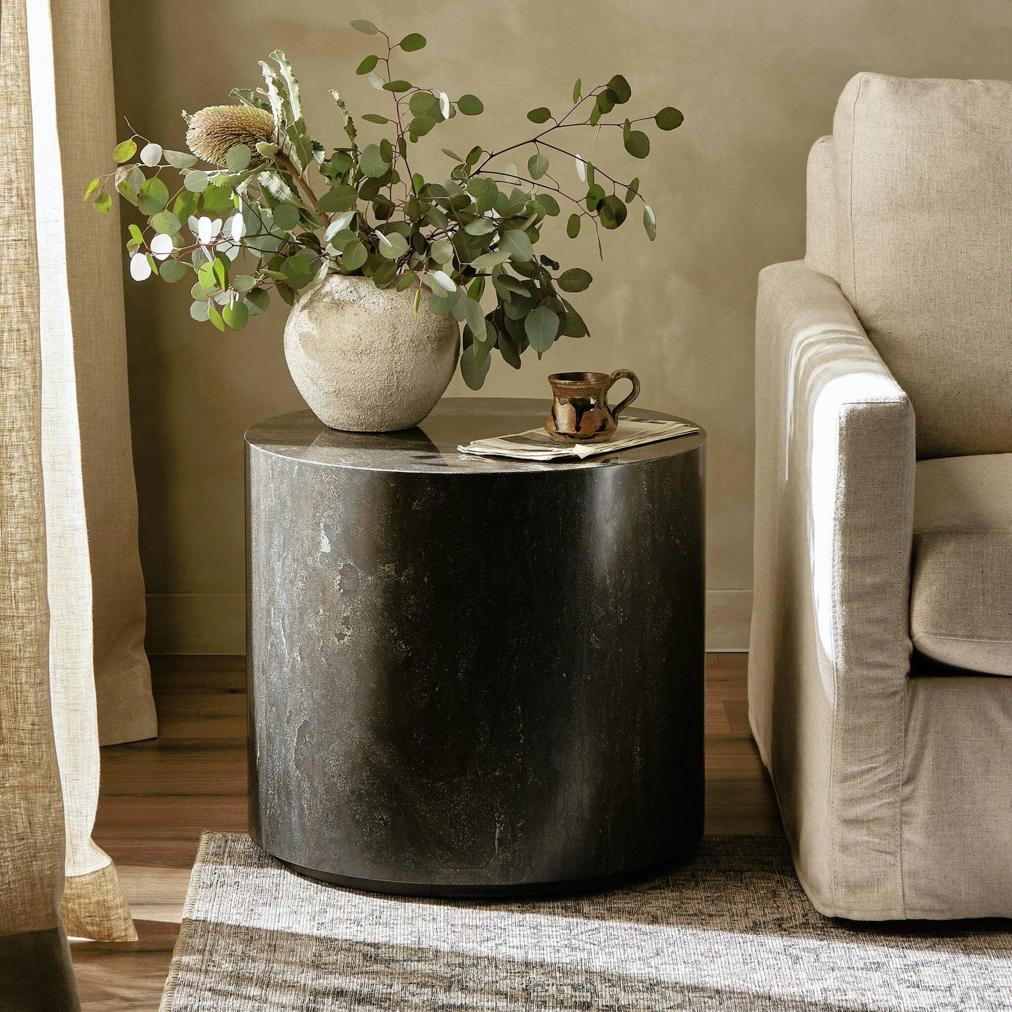 008 SI-2158265 | Lifestyle | Kramer End Table by Four Hands in bluestone. Made from bluestone, poplar plywood in a modern style.