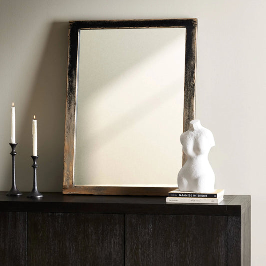 Hitchens Wall Mirror by Four Hands in worn black. Made from solid pine, security hardware, mirror in a modern style.